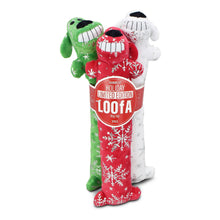 3-pack plush dog loofa toys in red, green, and white with sparkly snowflake print