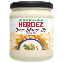 HERDEZ Queso Blanco dip in glass jar with black lid, medium creamy white