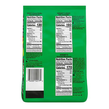 Back Nutrition Facts panels on assorted chocolate candy bag, green package