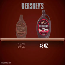 HERSHEY'S chocolate syrup bottles showing 24 oz and 48 oz amounts on package