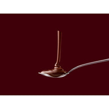 Chocolate syrup drizzle on spoon, glossy dark brown syrup stream