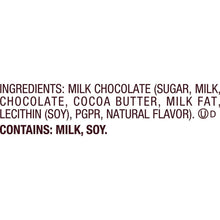 Ingredients label for milk chocolate candy, text on white background