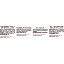 Chocolate candy ingredient list panel for extra creamy and mild varieties