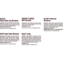 Candy assortment ingredients and allergens text panel for multiple chocolate varieties