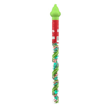 Tall green-capped Grinch KISSES milk chocolate candy tube with wrapped pieces inside