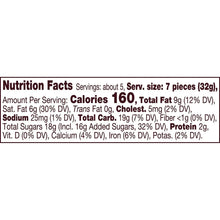 Nutrition Facts panel for milk chocolate candy, serving size 7 pieces