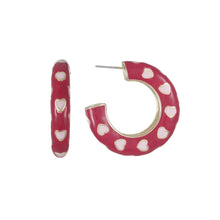 Red heart-dotted hoop earrings with gold-tone stud backs