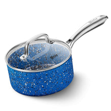 Blue speckled 1-qt nonstick saucepan with clear glass lid and stainless handle