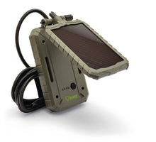 Solar battery pack with fold-out solar panel and attached power cable, olive gray