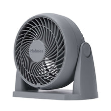 Gray air circulator fan with front grille, circular blades, and side control knob.