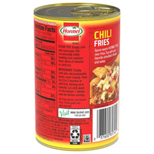 Hormel canned chili can with red label facing up and pull-tab lid