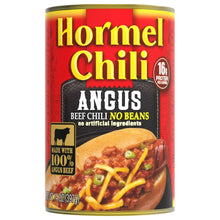 HORMEL Angus canned chili no beans, front label with 1g protein badge
