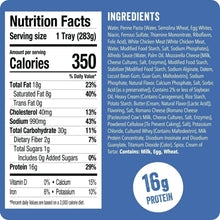 Nutrition facts and ingredients panel with 16g protein for chicken alfredo meal