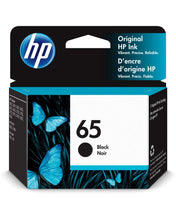 HP 65 black original ink cartridge box front with butterfly artwork and ink label