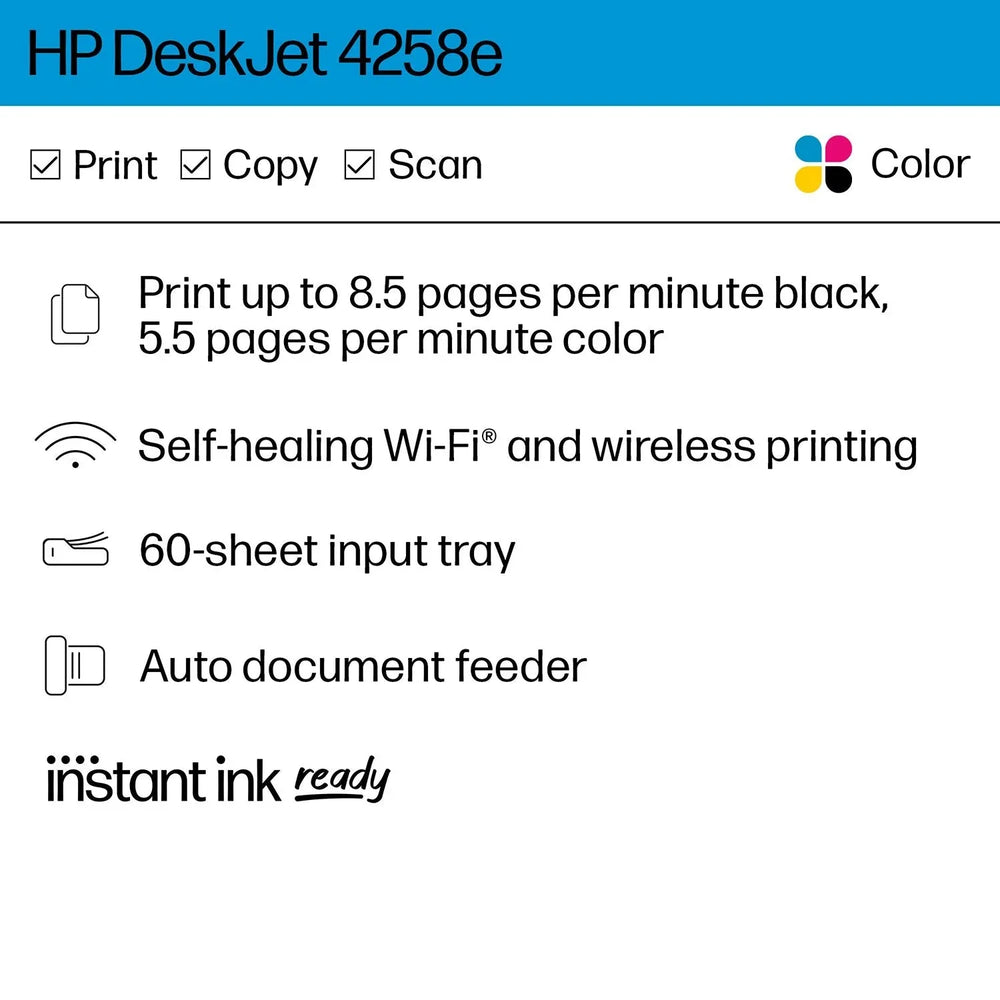 HP DeskJet 4258e Wireless All-in-One Inkjet Printer, 6 Months Instant Ink with HP+ - USA MEGA SHOP