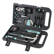 Hyper Tough 40-piece household tool kit in black case with teal tools and bit storage