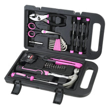 Open pink-and-black 40-piece general household tool set in a black case