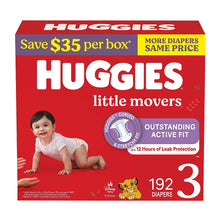 Huggies Little Movers diaper box, size 3, 192 count, front panel packaging.
