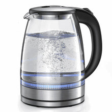 Electric glass kettle with black handle, silver body, and blue LED heating ring