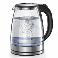 Electric glass kettle with stainless steel base and black side handle