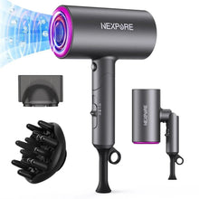 NEXPURE grey hair dryer with purple nozzle ring and included styling attachments