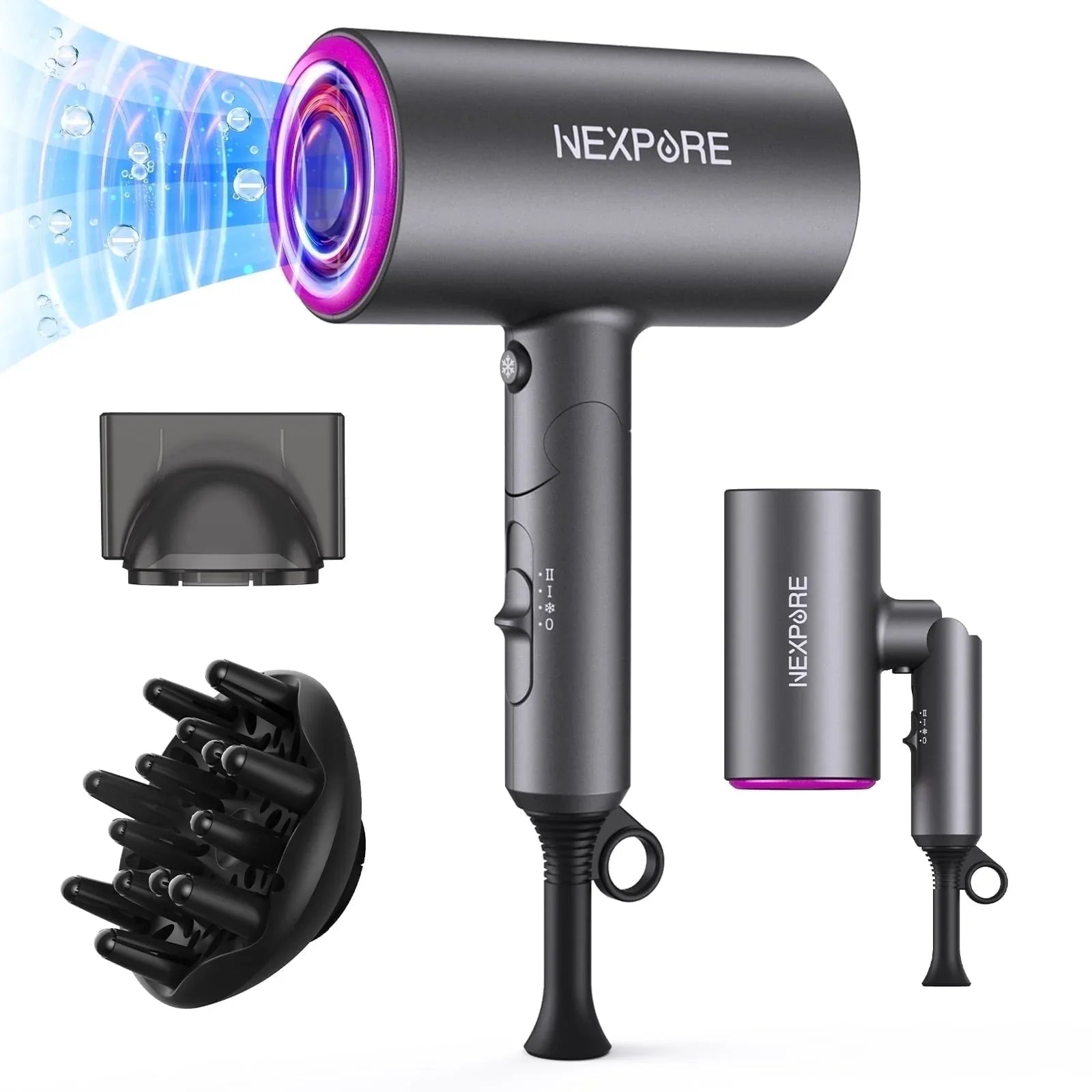 Hair Dryer, NEXPURE 1800W Professional Ionic Blow Dryer for Hair Care, Powerful Wind for Hair Drying, 2 Attachments, Grey - USA MEGA SHOP