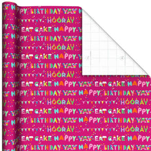 Birthday wrapping paper roll, pink with multicolor birthday and cake lettering pattern