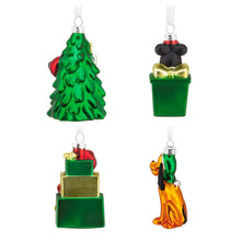 Blown glass Disney friend ornaments: green tree, green gift box, stack, and Pluto