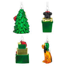 Four blown glass ornaments: green tree, green present, gift blocks, Pluto dog