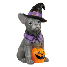 Halloween French bulldog greeter figurine with witch hat, purple collar, orange jack-o-lantern