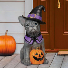 Halloween French bulldog greeter figurine in black witch hat with purple collar and pumpkin