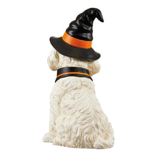 Halloween witch dog greeter figurine side view, black hat with orange band and collar