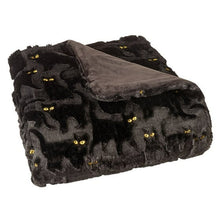 Black faux fur throw blanket with embroidered cat motifs and soft brushed reverse