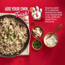Hamburger Helper Stroganoff serving illustration with skillet, sauce, and parsley garnish