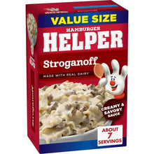 Hamburger Helper Stroganoff value size meal box, red/blue packaging with rabbit logo