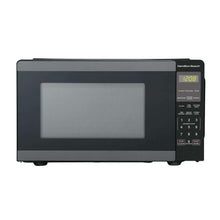 Countertop microwave oven with black stainless front, door window, and control panel