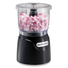 Black electric food chopper with clear bowl, lid, and chopping blade
