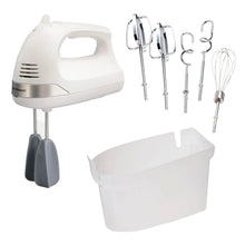 White electric hand mixer with beaters and snap-on storage case