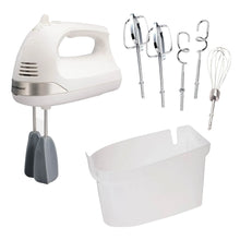White electric hand mixer with beaters, whisk, dough hooks, and storage case