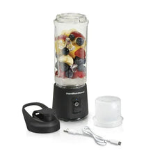 Hamilton Beach portable personal blender with clear jar, black base, and travel lid