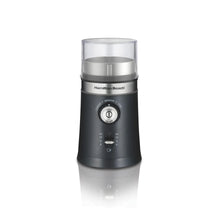 Electric coffee grinder with clear hopper and black base, front view with grind dial
