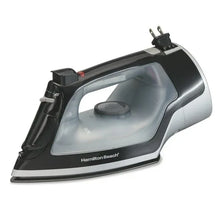 Black and silver full-size nonstick iron with transparent soleplate window and dial