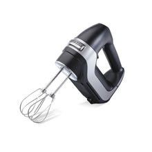 Black and silver 5-speed electric hand mixer with two wire beaters attached