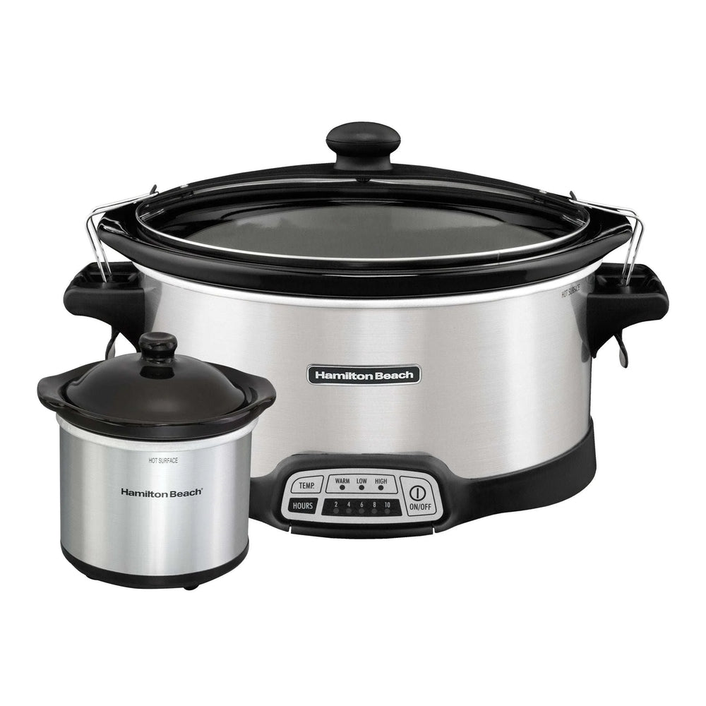 Hamilton Beach 7 Qt Programmable Slow Cooker, Stoneware Crock with Removable Pot, Includes Party Dipper Food Warmer, Stainless Steel - USA MEGA SHOP