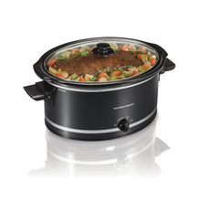 Black slow cooker with clear glass lid, removable stoneware crock, and side handles
