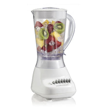 White smoothie blender with 56 oz jar, clear lid, and fruit smoothie contents