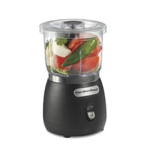 Black 3-cup food chopper with clear bowl and lid, stainless steel blade