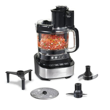Black food processor with 10-cup clear bowl and included slicing and chopping attachments