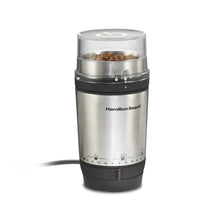 Stainless steel electric coffee grinder with clear hopper and adjustable grind ring