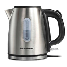 Stainless steel electric kettle with black handle and spout, water level window